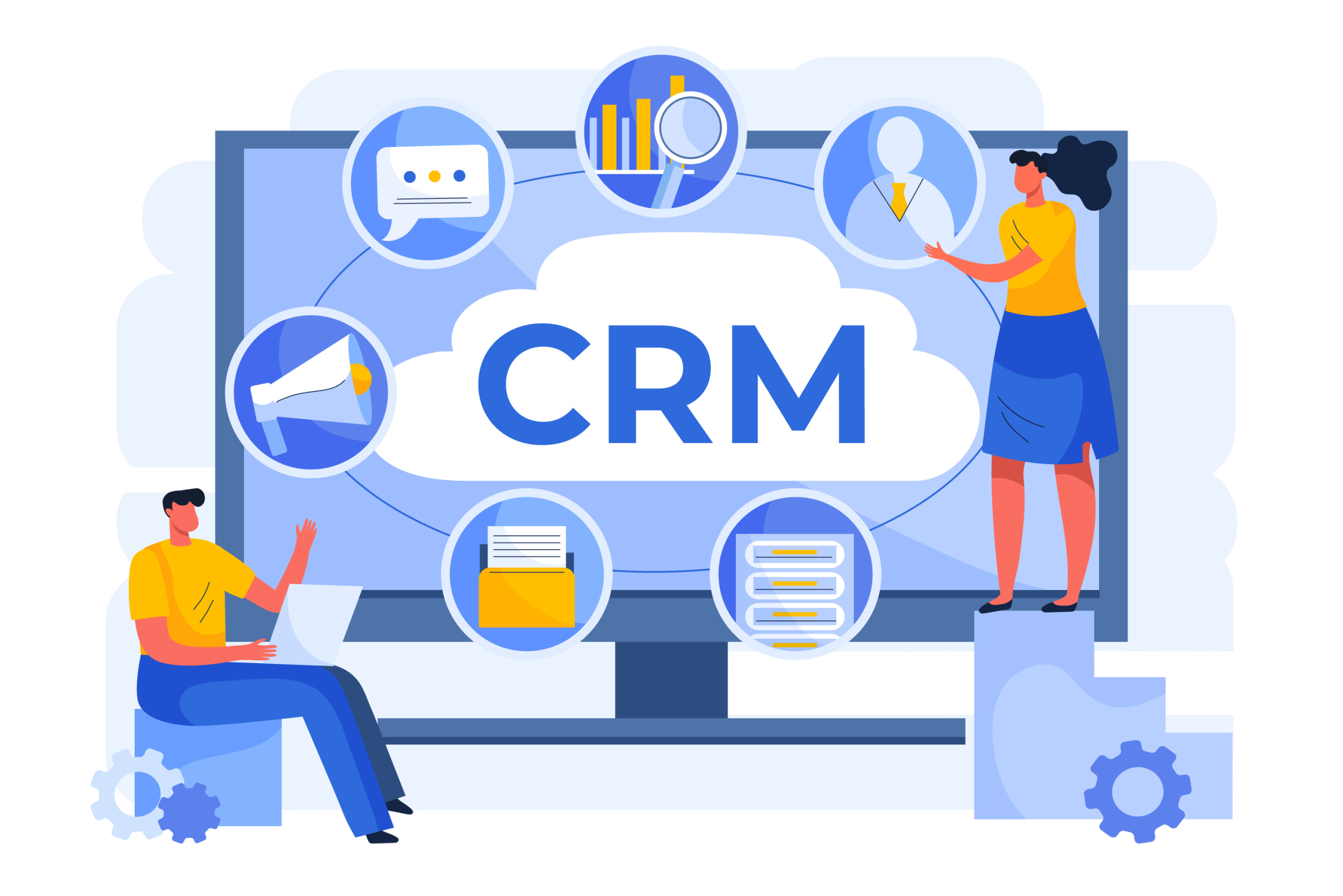 Hand-drawn flat design CRM illustration showing people managing customer relationships, communication, and sales processes.