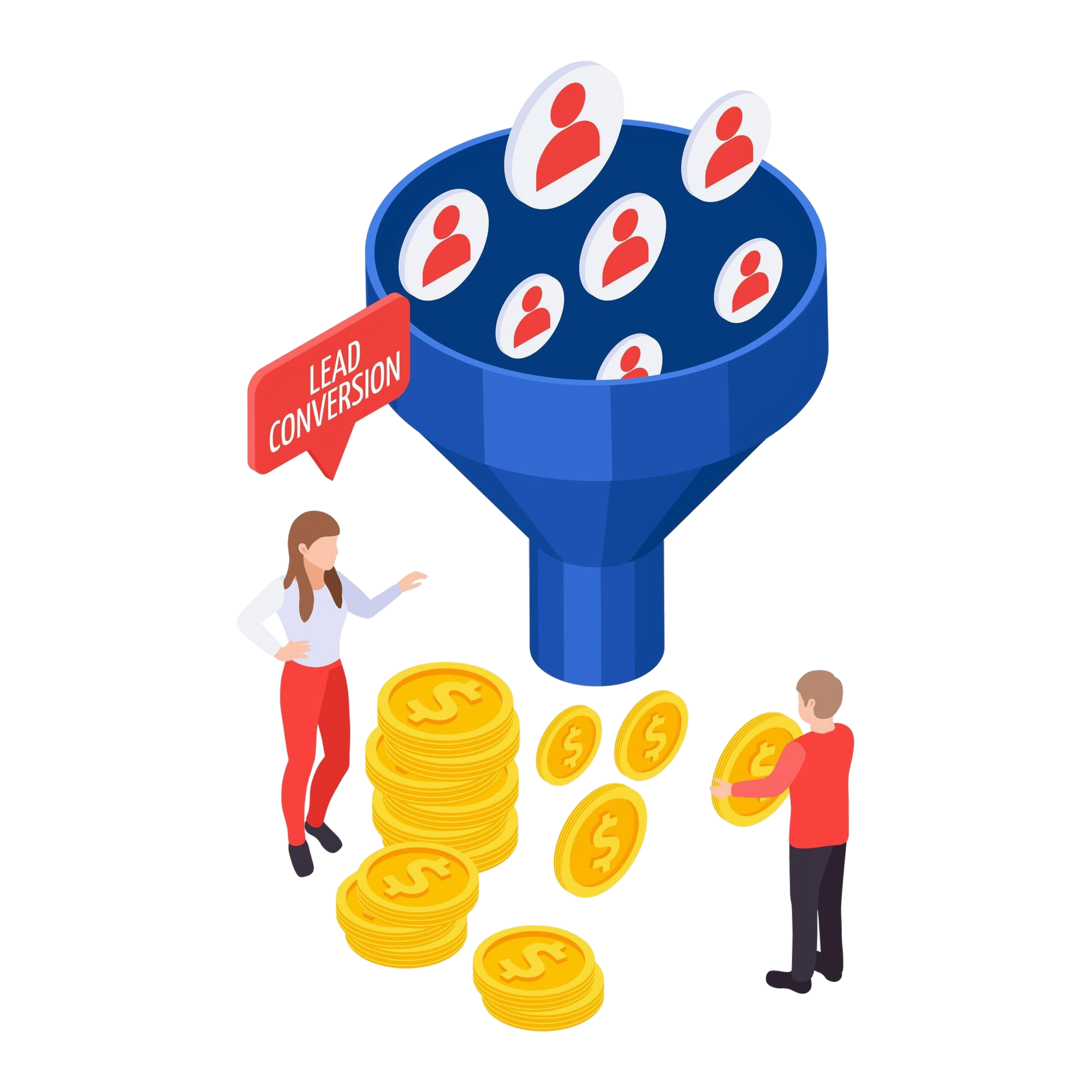 Isometric illustration showing colorful 3D symbols representing lead conversion process – Designed by Freepik