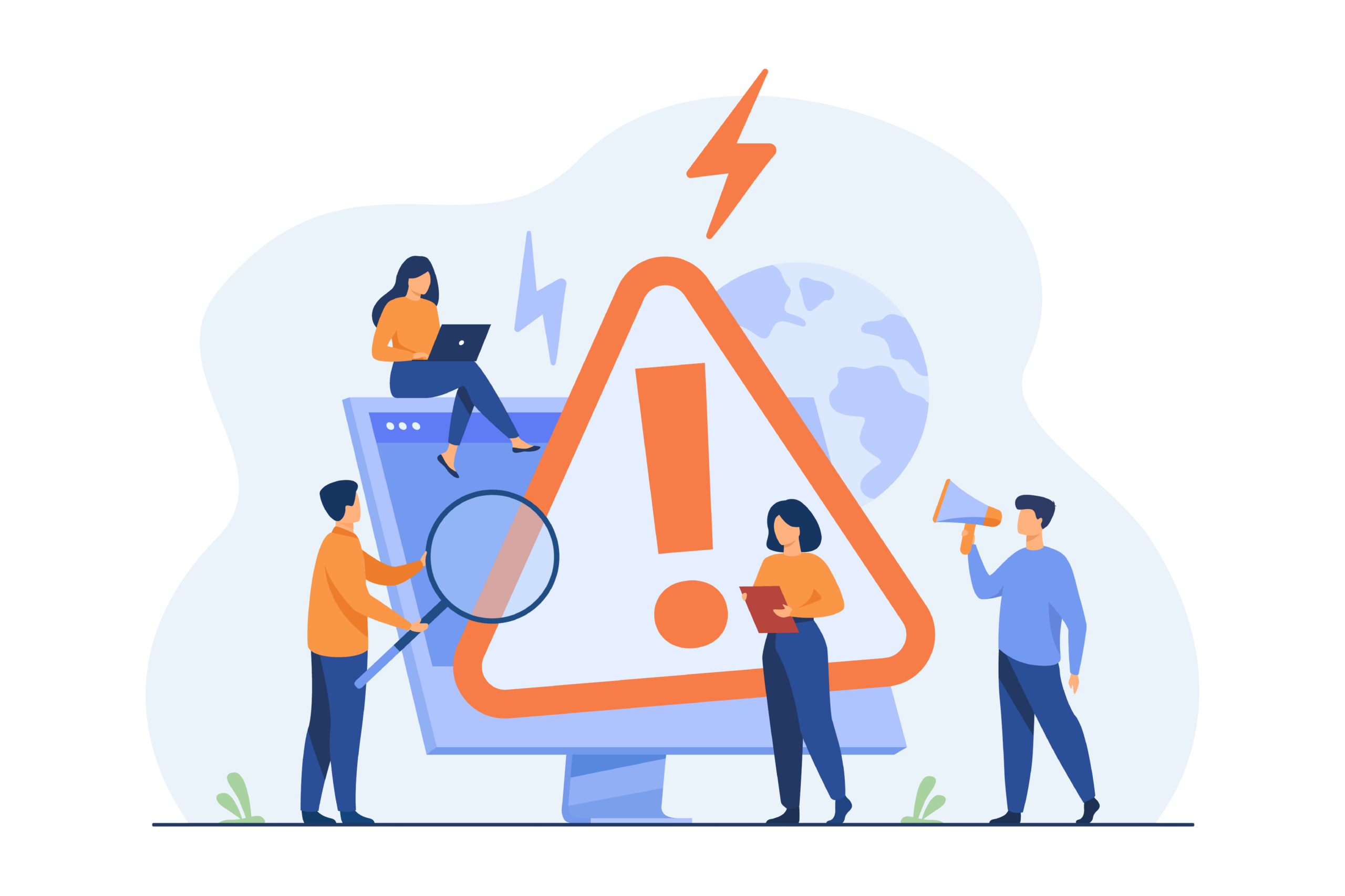 Flat illustration of tiny people examining a computer operating system error warning on a web page – Designed by pch.vector / Freepik
