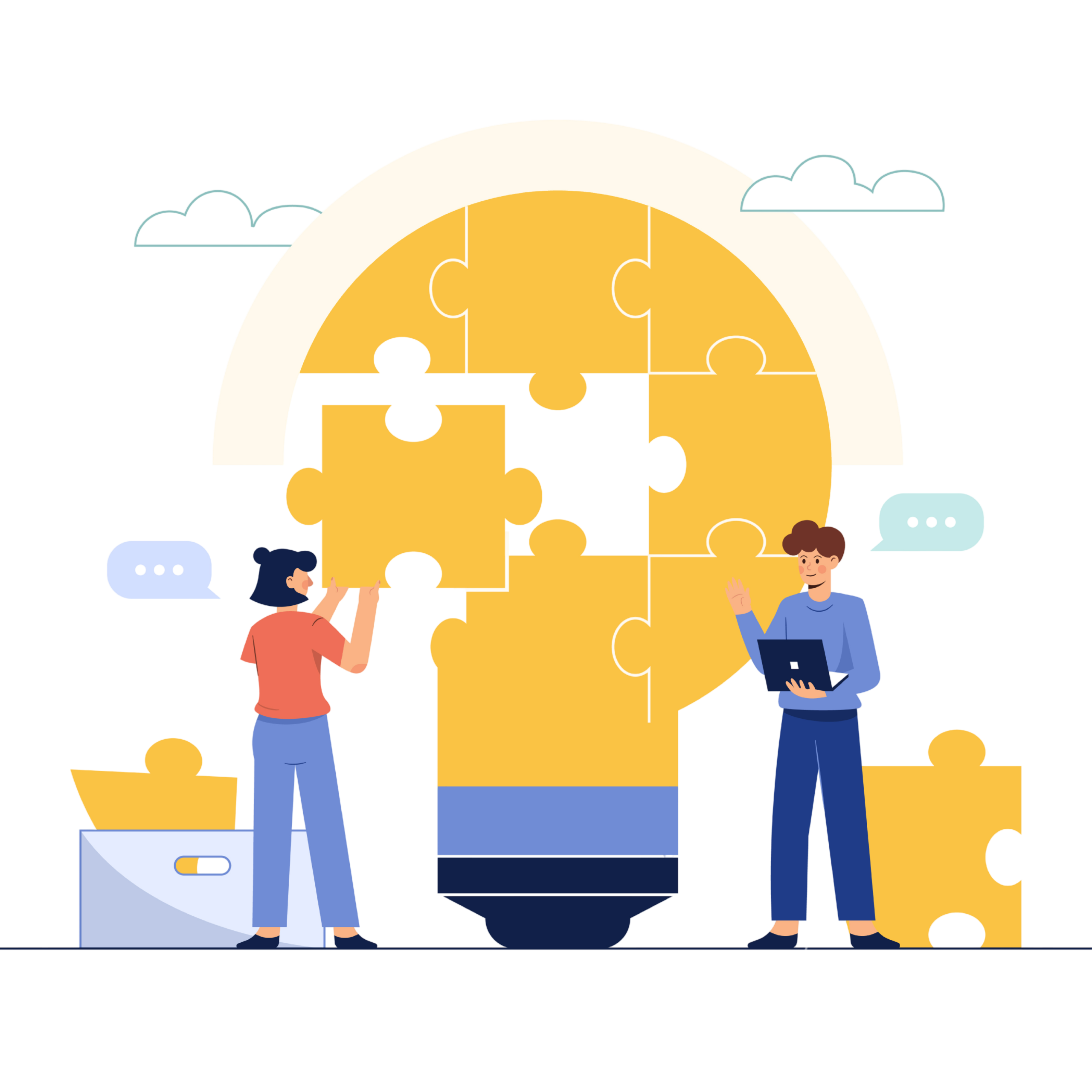 Flat illustration of tiny people connecting jigsaw puzzle pieces into the shape of a light bulb – Designed by Freepik